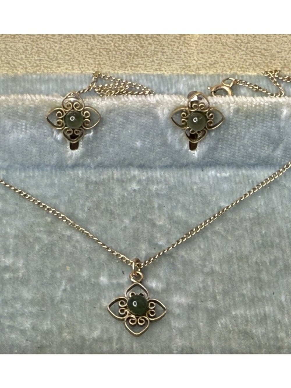 Vintage 12kt Gold Filled Jade Necklace Earrings Filigree Flower Jewelry Artistry